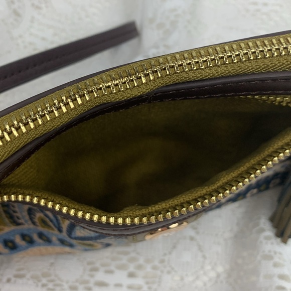 Spartina Linen & leather Wristlet Pouch bag Paisley Blue Tan Boho Gold Zipper - Picture 5 of 13